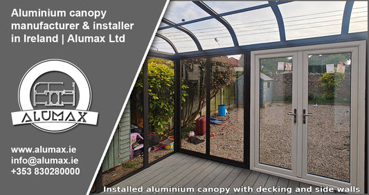 Aluminium canopy with decking and side walls