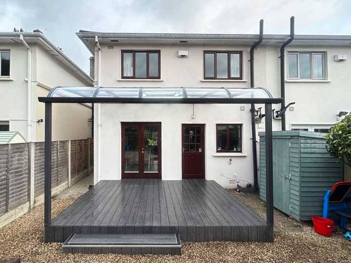 Aluminum canopy with composite decking installed in Newtown Castlebyrn Ireland